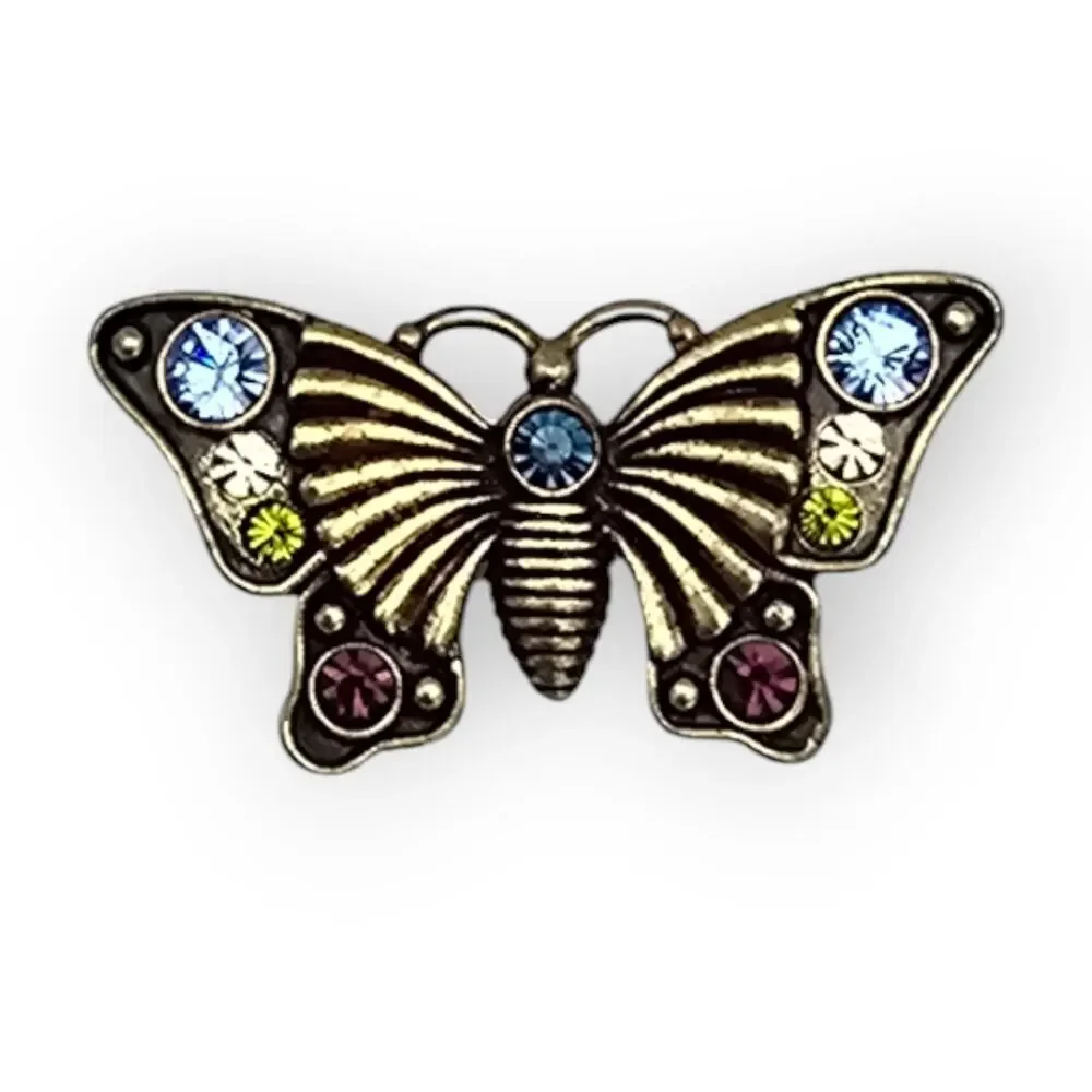Butterfly Brooch Multi Color Rhinestone Gold Filigree Pin Storybook Romantic